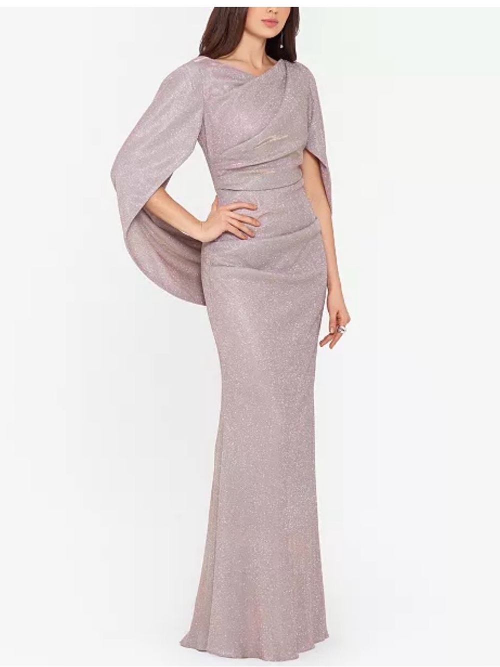 Betsy & Adam Glitter Drape-Back Cape Gown in Dusty Rose